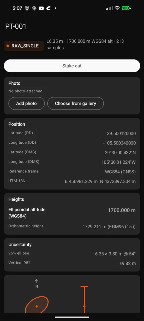 Ground Truth point detail screen showing coordinates in multiple formats with confidence ellipse and both height systems
